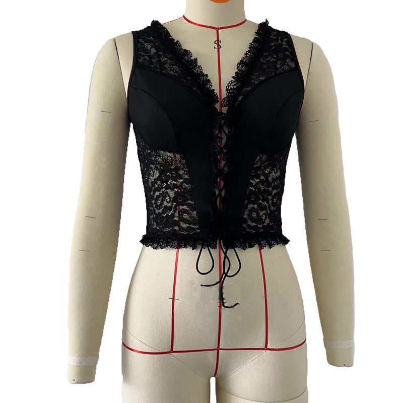 Sexy Pure Desire Wind Perspective Splicing Waist Strap Small Tank Top