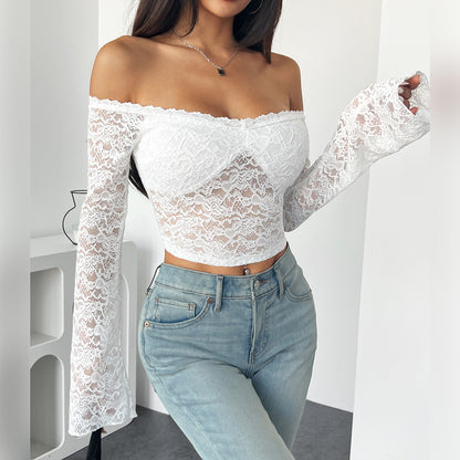 Sexy slim lace shoulder long sleeved short top for women