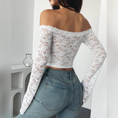 Sexy slim lace shoulder long sleeved short top for women