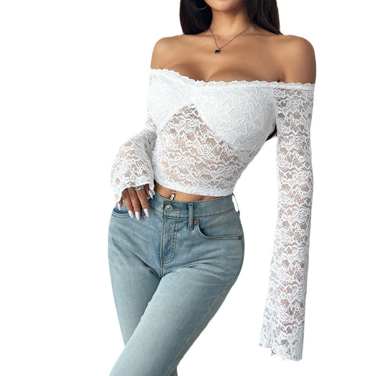 Sexy slim lace shoulder long sleeved short top for women