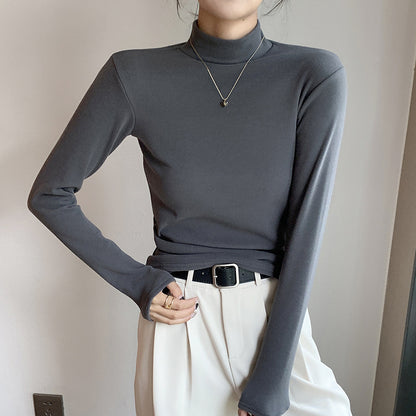 Half high collar and plush thick warm long sleeved top
